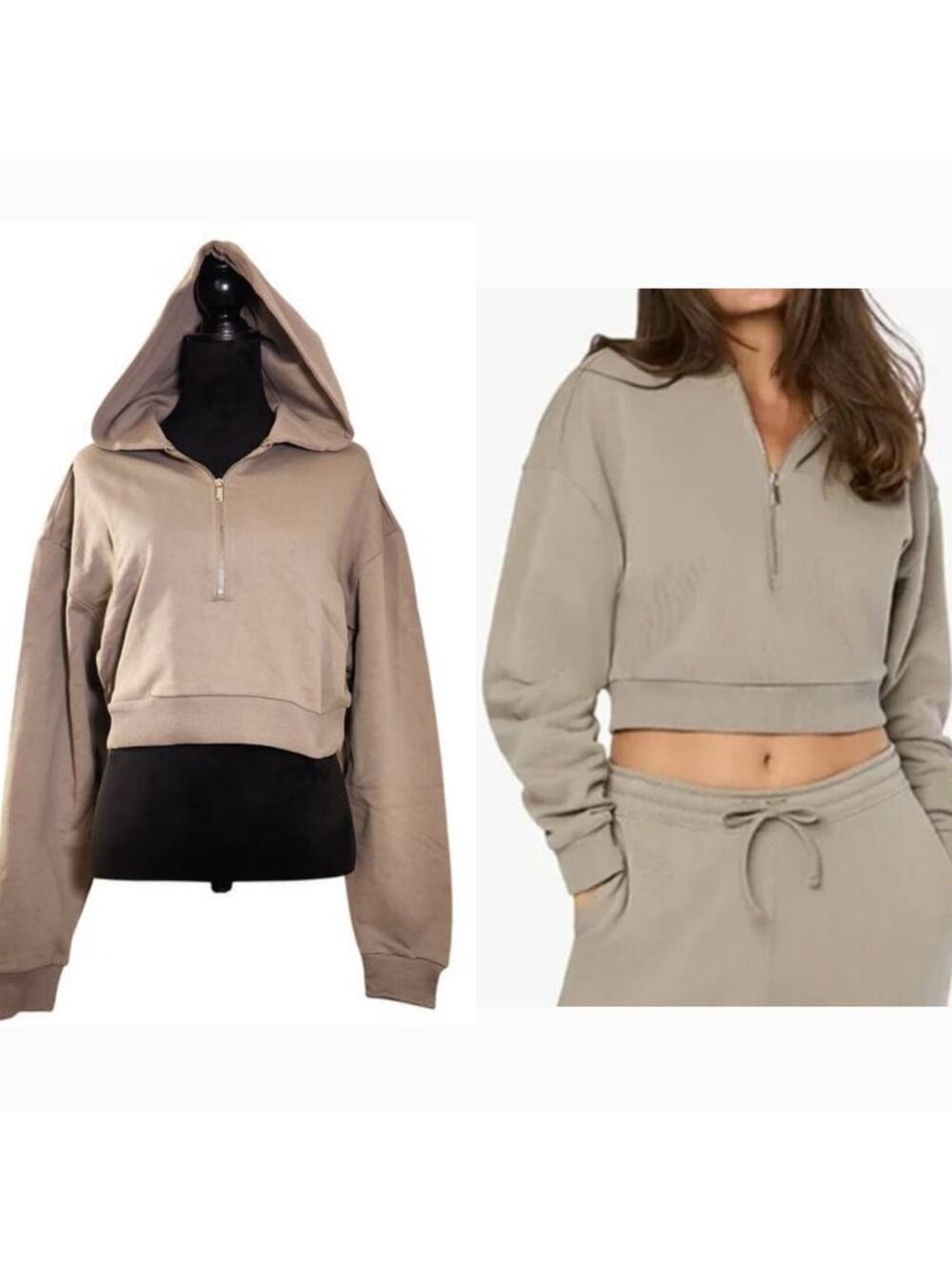 WEWOREWHAT NWT Half Zip Cropped Fleece Hoodie in Stone, Size Large
